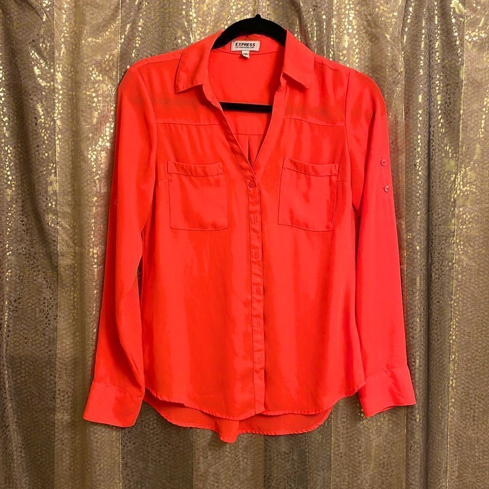 Express bright neon orange portifino button down blouse, size XS
